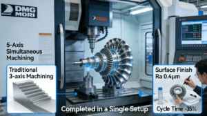 : Comparison showing 5-axis CNC machining complex aerospace turbine blade with smooth surface finish versus traditional 3-axis machining with stair-step artifacts, highlighting single-setup precision manufacturing advantages.
