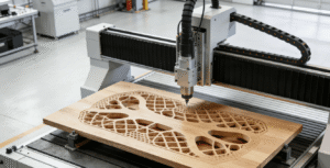 A high-precision 5-axis CNC machine carving an optimized, lightweight structure from a solid wood tabletop in a modern manufacturing facility.